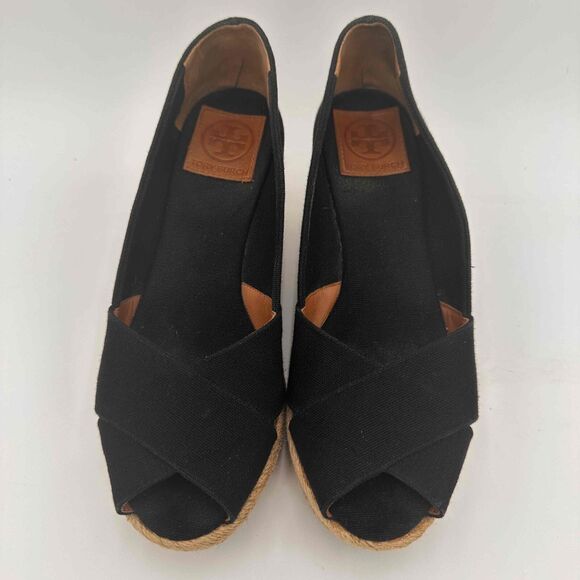 Tory Burch Black Filipa Open Toe Espadrille Wedges Shoes Size 38 / 8 - Picture 4 of 10